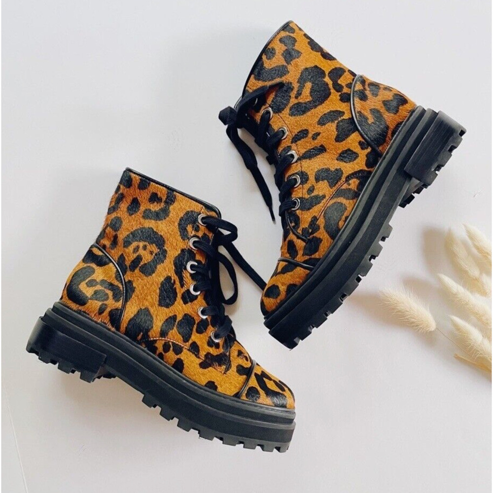 Schutz Maylova Leopard Calf Hair Lace-Up Combat Boots Size 7.5 NWOT